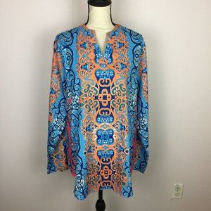 Misslook Blouse Tunic Top 3XL Womens Plus Blue Orange Paisley Long Sleeve V-Neck